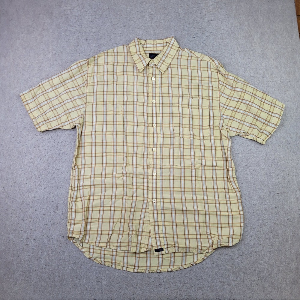 Tommy Bahama Indigo Palms Linen Blend Shirt Mens M Yellow Plaid Short Sleeve